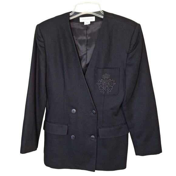 Vintage 90s Black Wool Double Breasted Crest Blazer Jacket Women Size 8 Medium - Picture 1 of 8